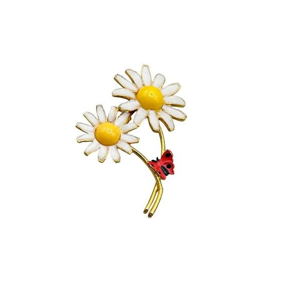Vintage Daisy Pin Brooch 70s Enamel Flowers with Lady Bug Gold Tone White Enamel - Picture 1 of 13